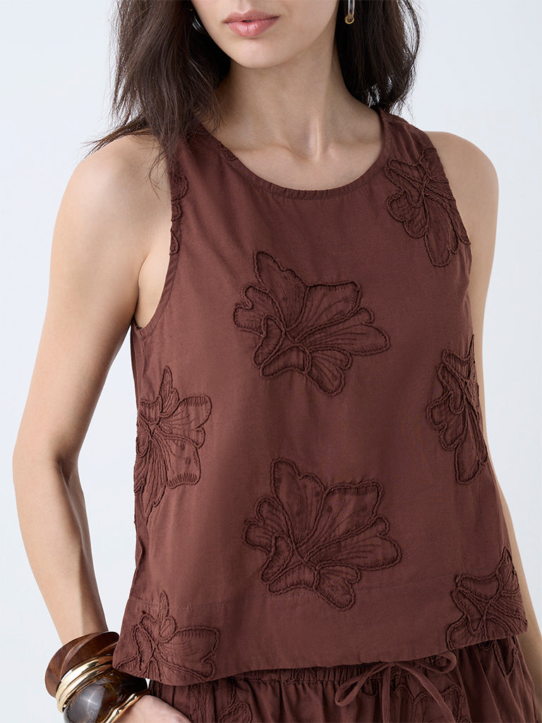 LOV Brown Floral Embroidered Top - Image 3