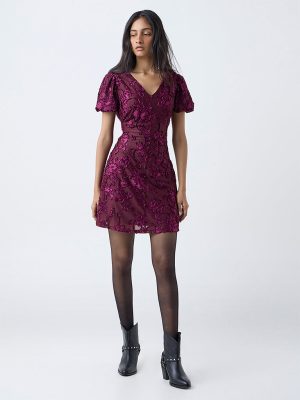 LOV Burgundy Floral Embroidered A-Line Dress