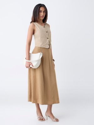 LOV Beige Solid Linen-Blend Midi Skirt with Belt
