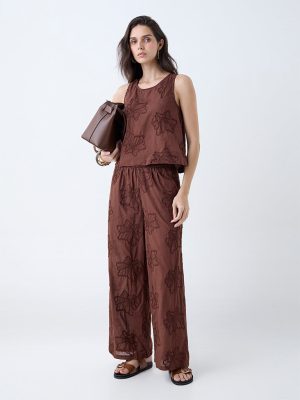 LOV Rust Floral Lace Detailed High-Rise Trousers