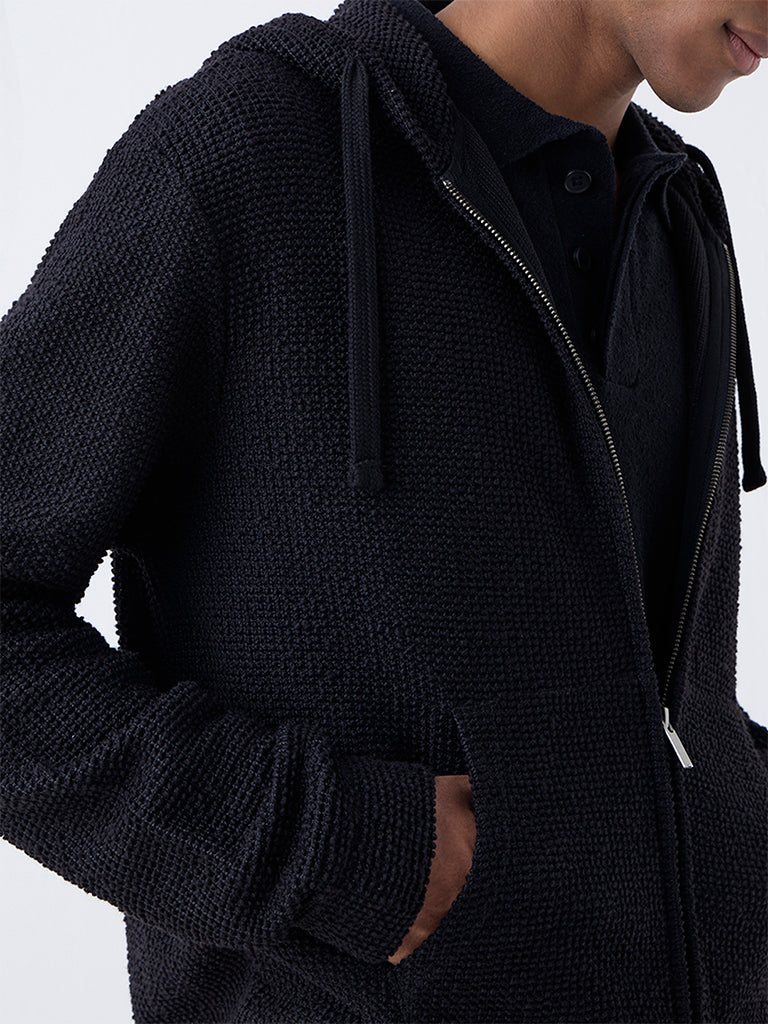 ETA Black Popcorn-Textured Relaxed-Fit Hoodie - Image 3