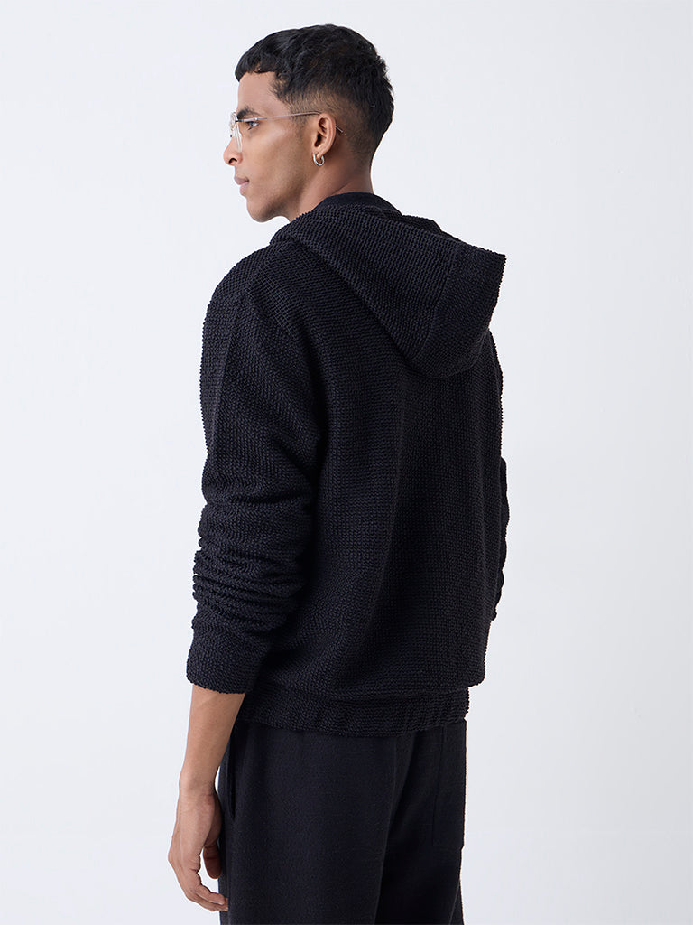 ETA Black Popcorn-Textured Relaxed-Fit Hoodie - Image 4