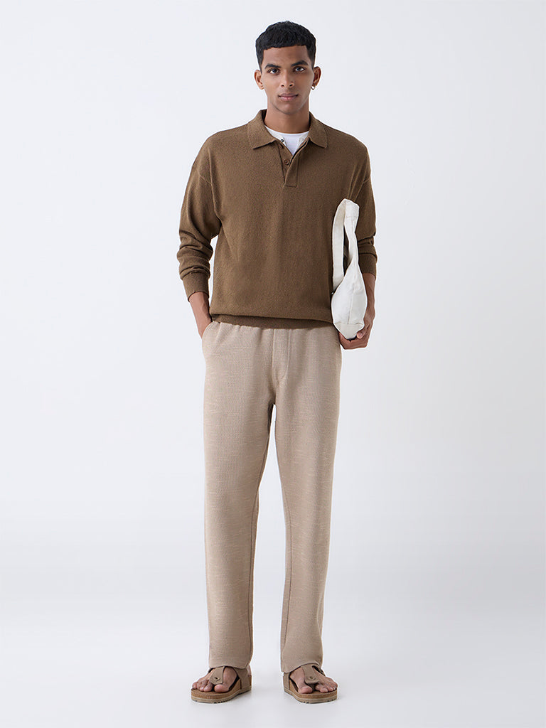 ETA Taupe Textured Relaxed-Fit Mid-Rise Cotton-Blend Pants