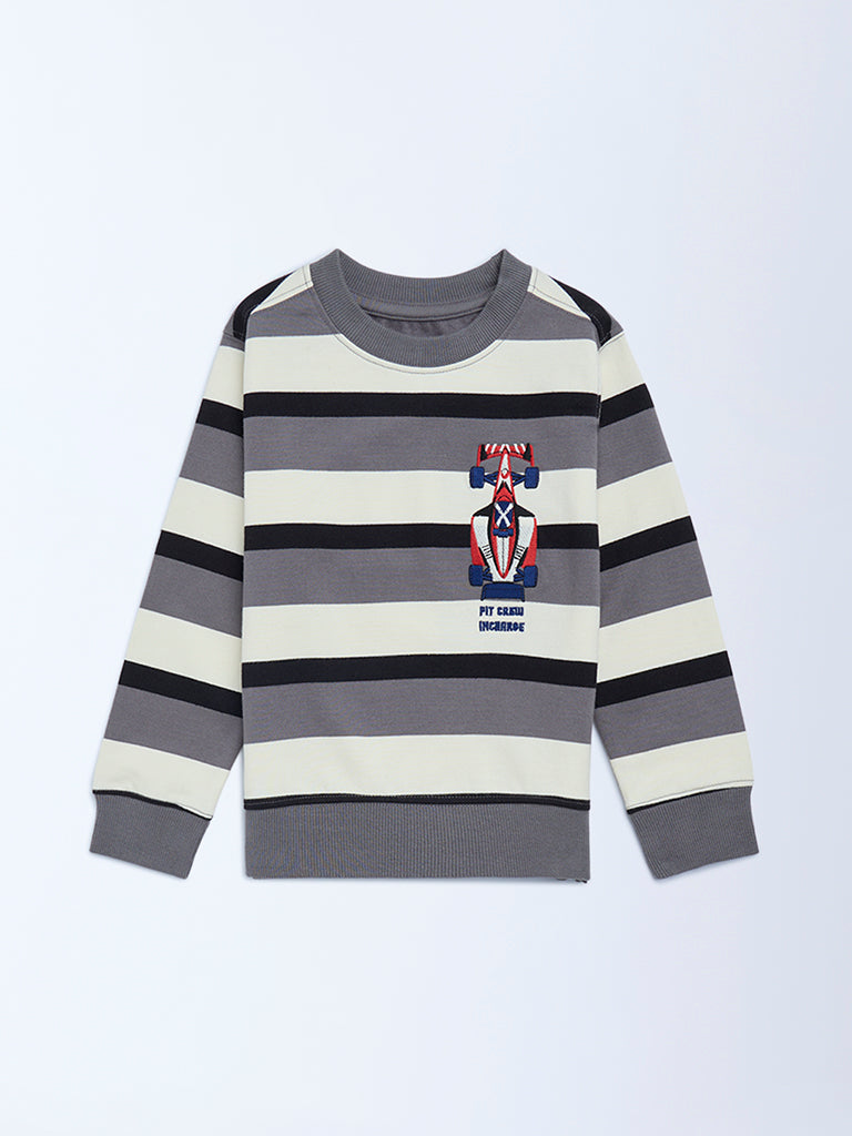 HOP Kids Grey Striped Cotton Sweatshirt