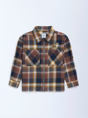 HOP Kids Brown Checkered Cotton Shirt