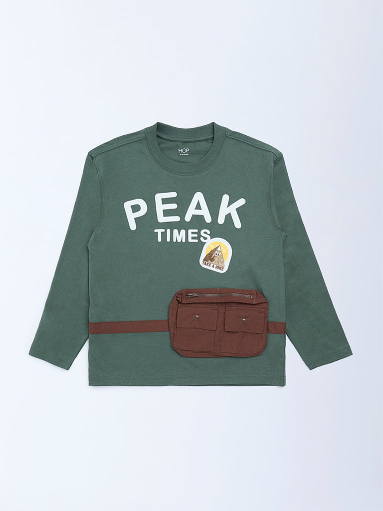 HOP Kids Green Printed Cotton T-Shirt - Image 3