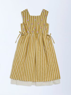 Utsa Kids Mustard Striped A-Line Cotton-Blend Dress - (8-14yrs)