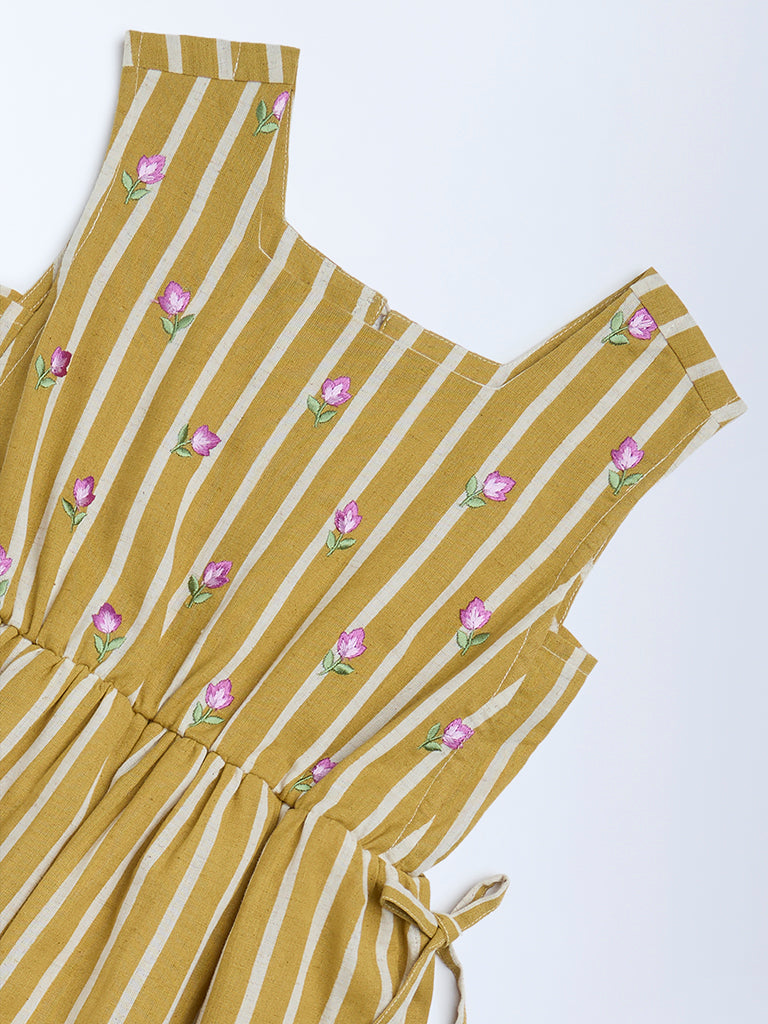 Utsa Kids Mustard Striped A-Line Cotton-Blend Dress - (8-14yrs) - Image 3