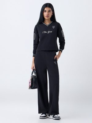 Studiofit Black Embellished High-Rise Cotton-Blend Pants