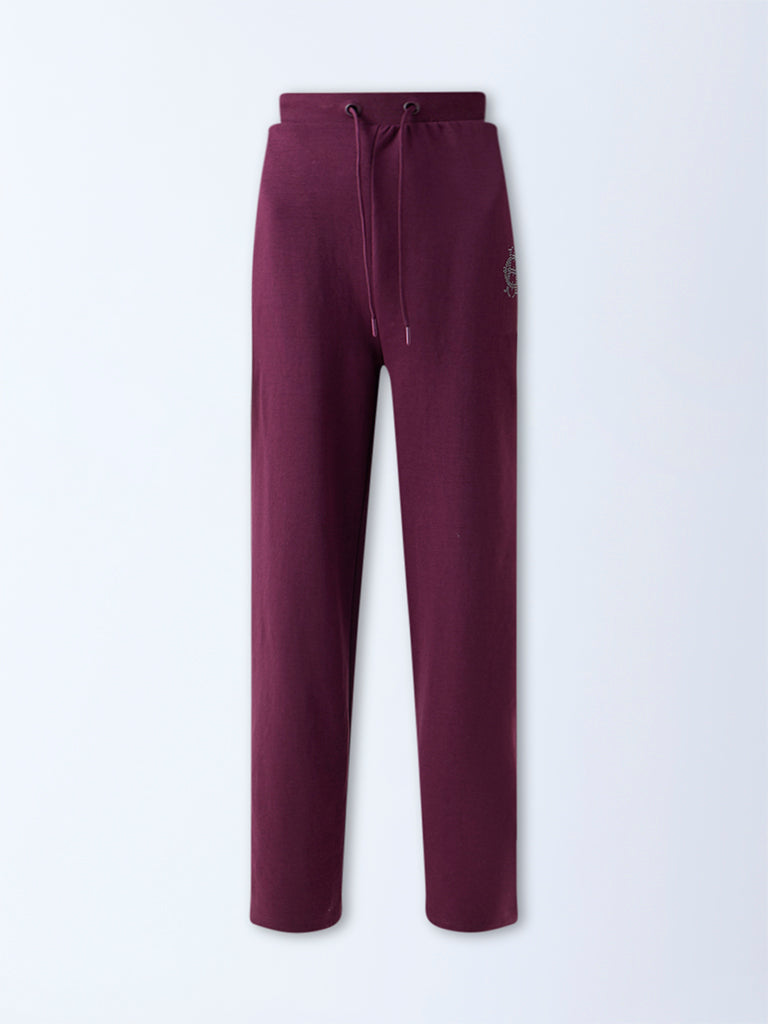 Studiofit Wine Embellished High-Rise Cotton-Blend Pants - Image 5