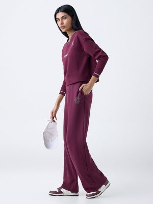 Studiofit Wine Embellished High-Rise Cotton-Blend Pants