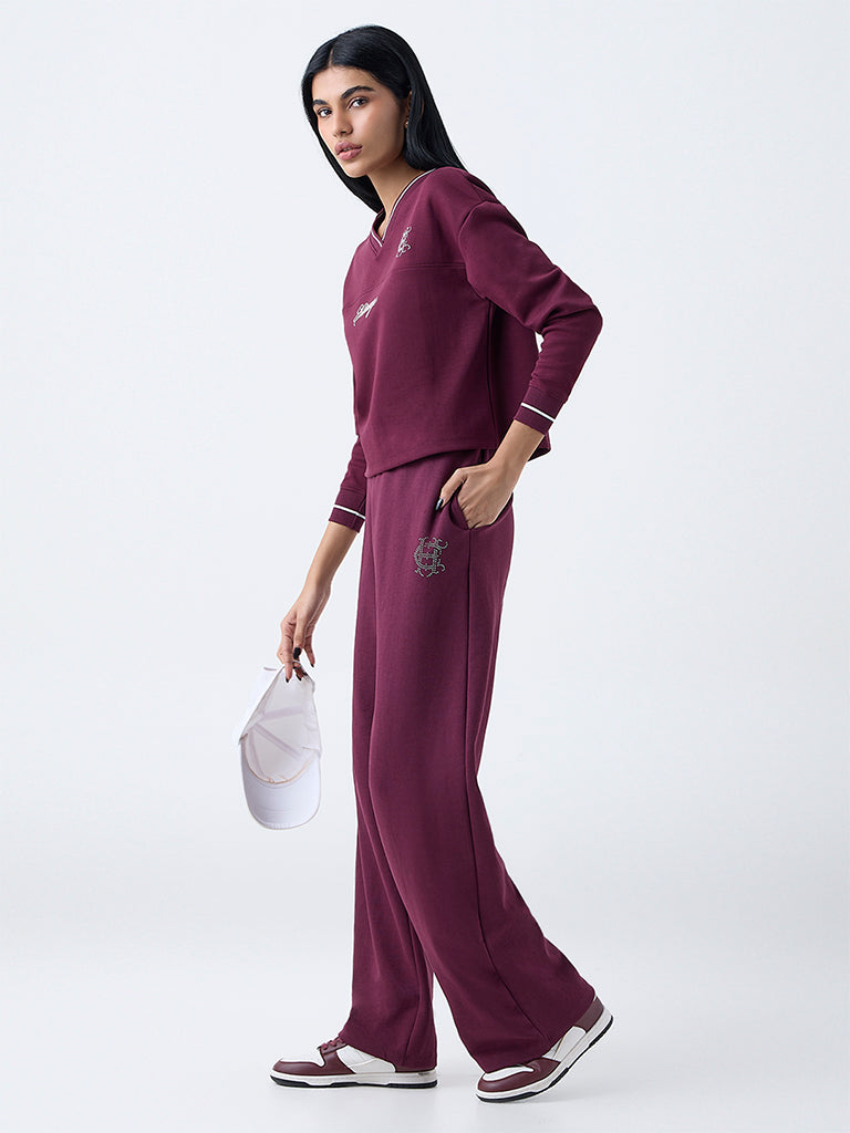 Studiofit Wine Embellished High-Rise Cotton-Blend Pants