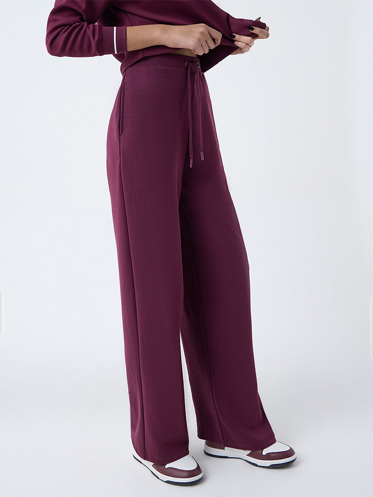 Studiofit Wine Embellished High-Rise Cotton-Blend Pants - Image 2