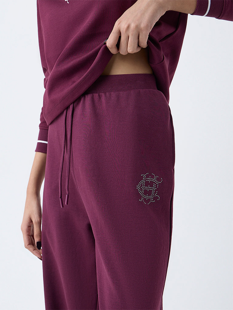 Studiofit Wine Embellished High-Rise Cotton-Blend Pants - Image 3