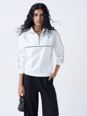 Studiofit White Cotton-Blend Quarter-Zip Sweatshirt