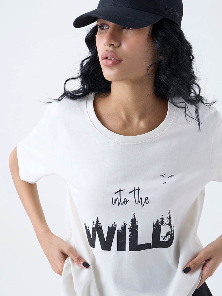 Studiofit Off-White Text Printed Cotton T-Shirt - Image 3
