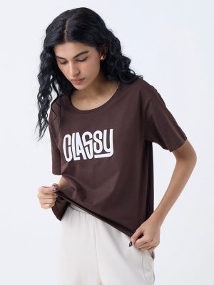 Studiofit Brown Text Printed Cotton T-Shirt