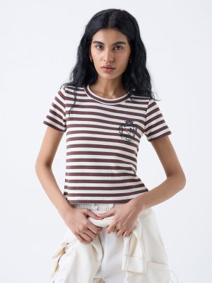 Studiofit Brown Striped Cotton-Blend T-Shirt