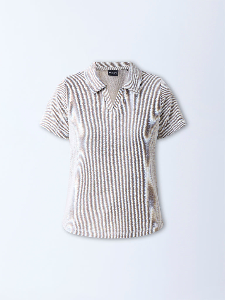 Studiofit Dark Brown Textured Cotton-Blend T-Shirt - Image 5