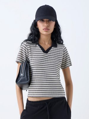 Studiofit Cream Striped Cotton-Blend T-Shirt