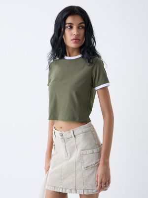 Nuon Olive Solid Cotton-Blend T-Shirt