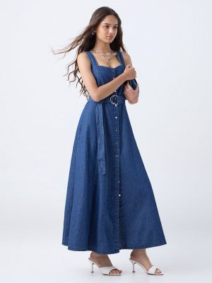 LOV Blue Denim A-Line Dress with Belt