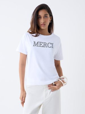 LOV White Text Detailed Cotton T-Shirt