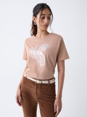 LOV Beige Paisley Design Cotton T-Shirt