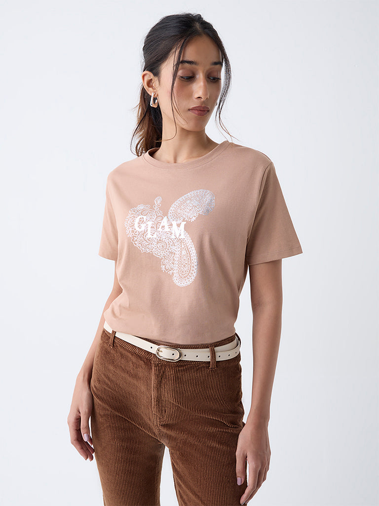 LOV Beige Paisley Design Cotton T-Shirt