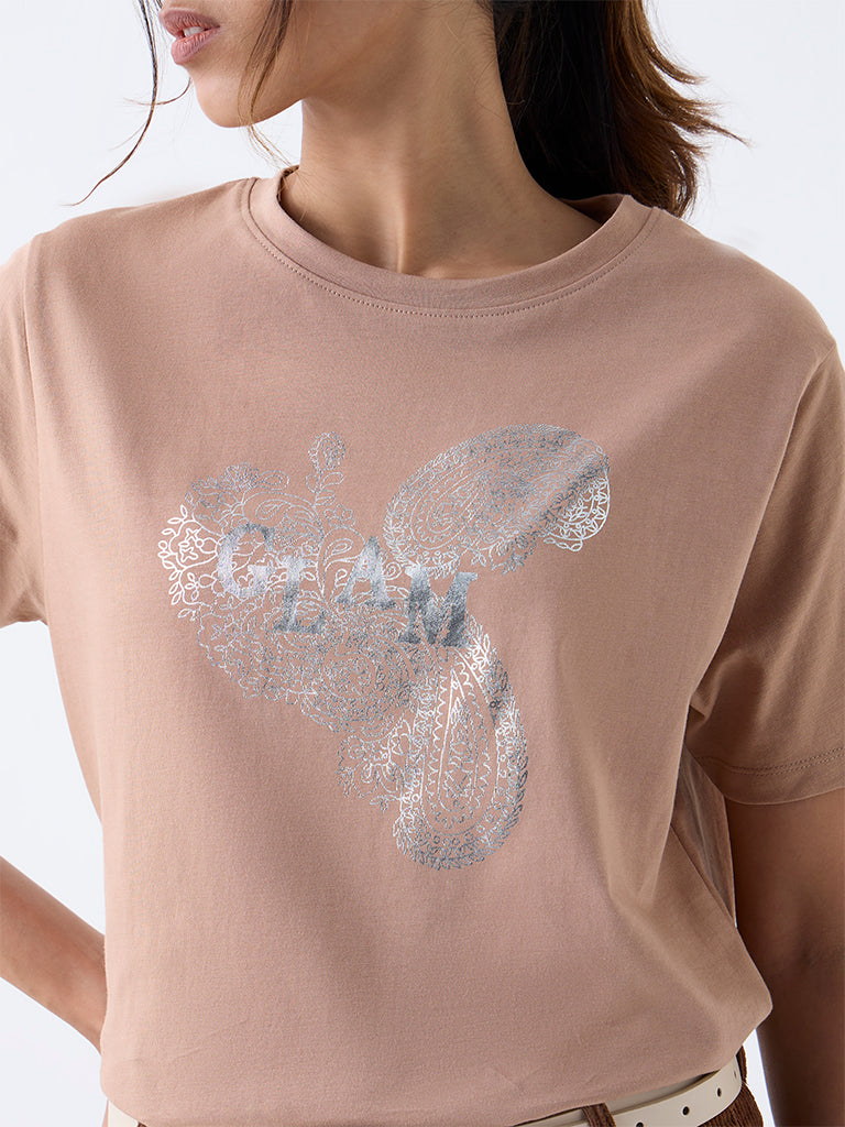 LOV Beige Paisley Design Cotton T-Shirt - Image 3