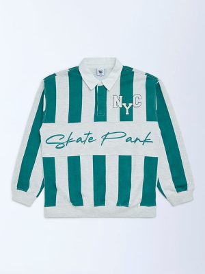 Y&F Kids Green Striped Cotton-Blend Sweatshirt