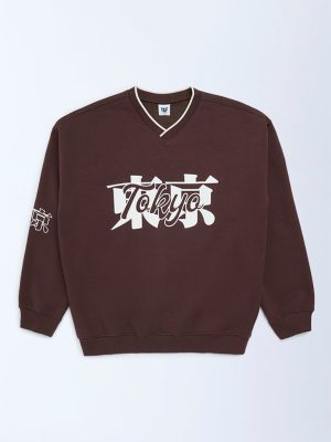 Y&F Kids Brown Typographic Cotton-Blend Sweatshirt
