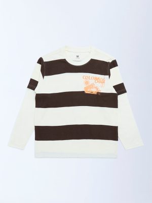 Y&F Kids Brown Striped Cotton T-Shirt