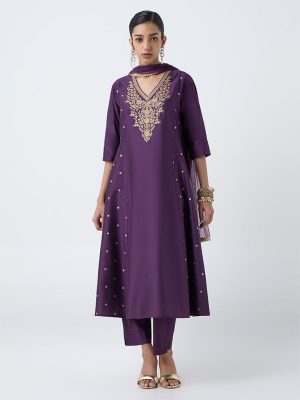 Vark Purple Embroidered A-Line Ethnic Set