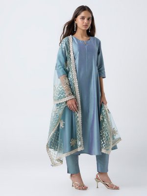 Vark Dusty Blue Anarkali Ethnic Set
