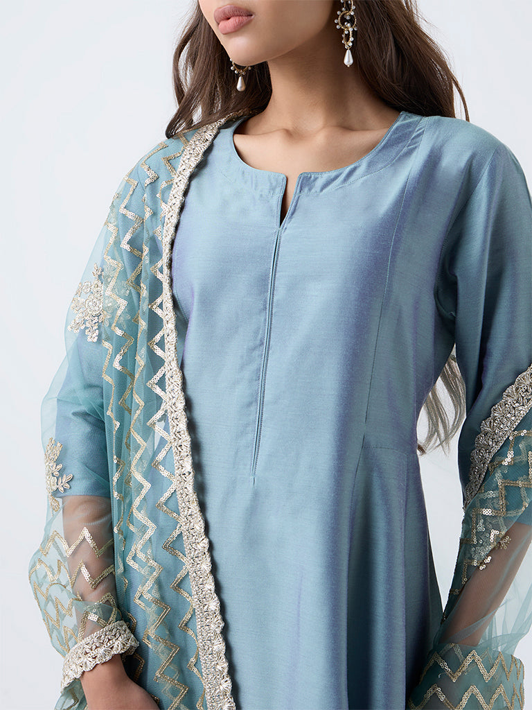 Vark Dusty Blue Anarkali Ethnic Set - Image 3