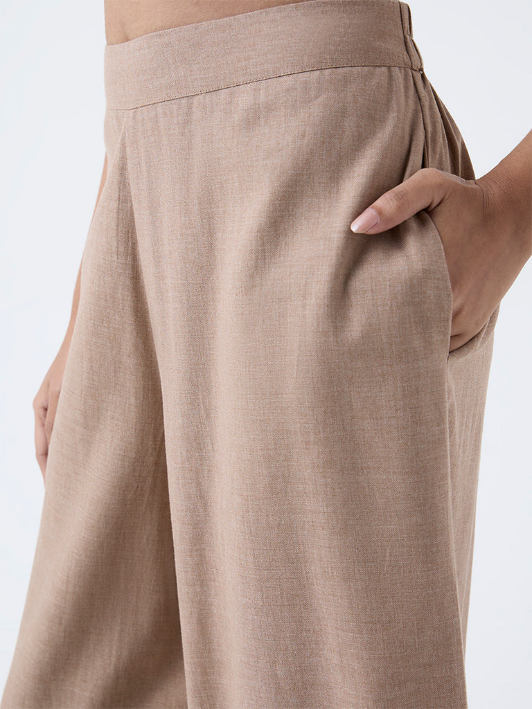 Utsa Light Brown Solid Cotton Palazzos - Image 3