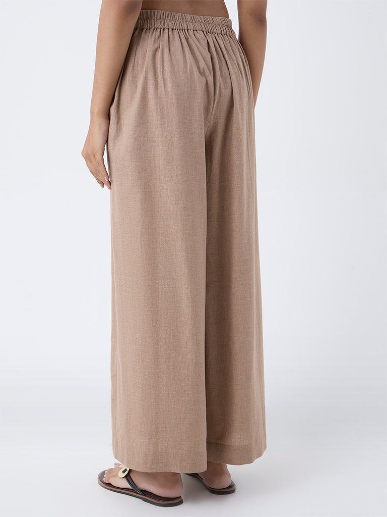 Utsa Light Brown Solid Cotton Palazzos - Image 4