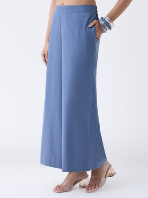 Utsa Dusty Blue Solid Cotton Palazzos