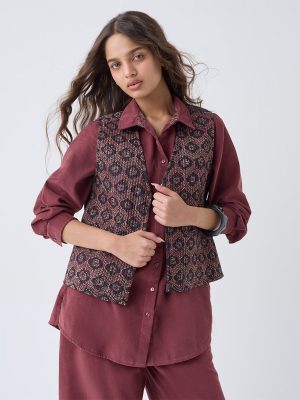 Utsa Black Printed Reversible Cotton Jacket