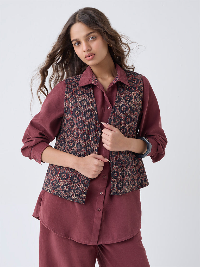 Utsa Black Printed Reversible Cotton Jacket