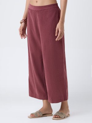 Utsa Maroon Corduroy Cotton Palazzos