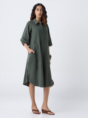 Utsa Olive Corduroy Shirt Dress
