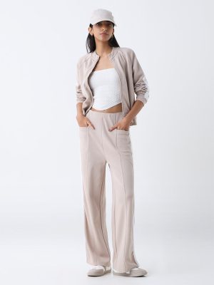 Studiofit Taupe Striped High-Rise Track Pants