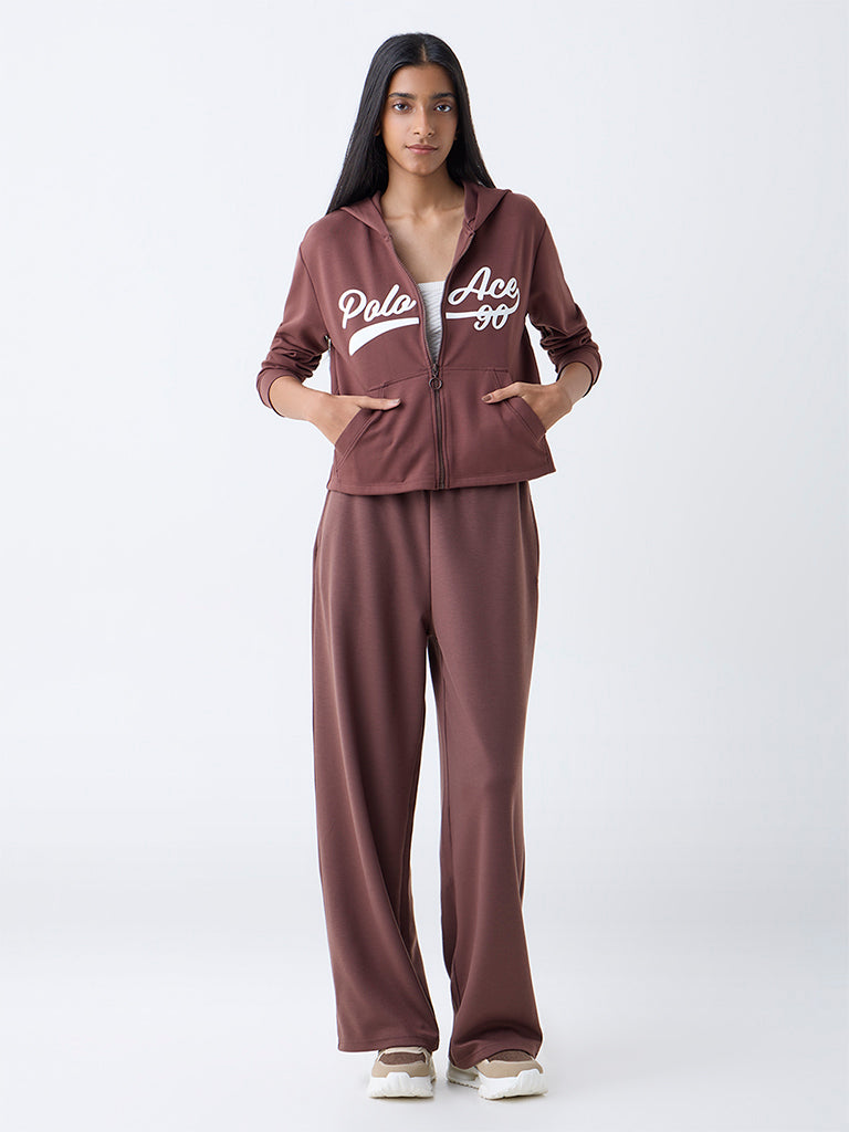 Studiofit Brown Solid High-Rise Cotton-Blend Track Pants