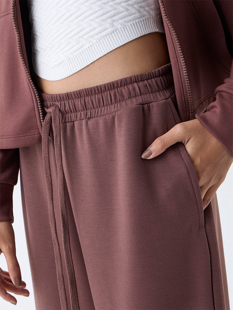 Studiofit Brown Solid High-Rise Cotton-Blend Track Pants - Image 3