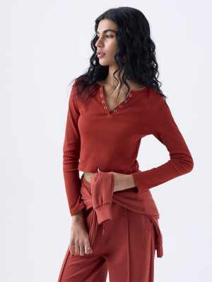 Studiofit Rust Ribbed Cotton-Blend Top