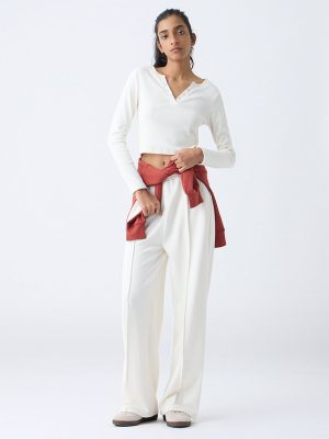 Studiofit Off-White Ribbed Henley Cotton-Blend T-Shirt