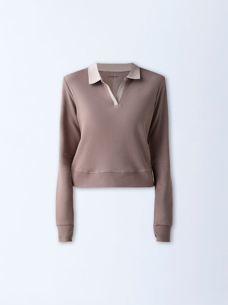 Studiofit Taupe Ribbed Cotton-Blend Top - Image 5