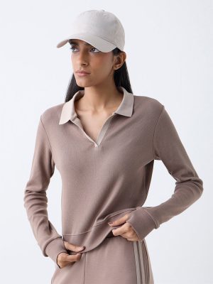 Studiofit Taupe Ribbed Cotton-Blend Top